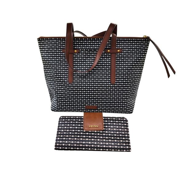 FOSSIL Felicity Black Ivory Dot Faux Leather Tote Bag Wallet Set - Picture 15 of 15